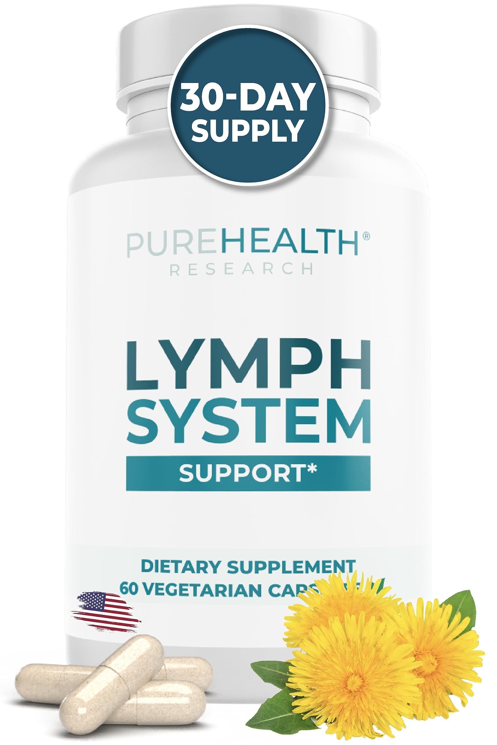 PUREHEALTH RESEARCH Lymph System Support – Lymphatic Drainage Supplement for Women & Men (60 Capsules)